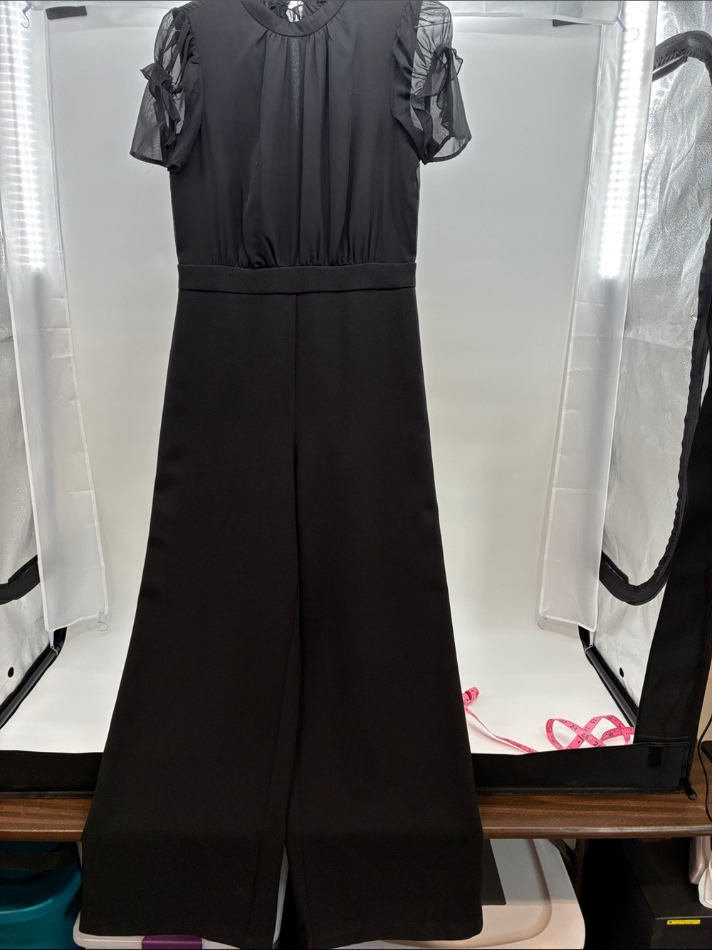 Vince Camuto Black Wide-Leg Jumpsuit with Sheer Ruffle Sleeves
